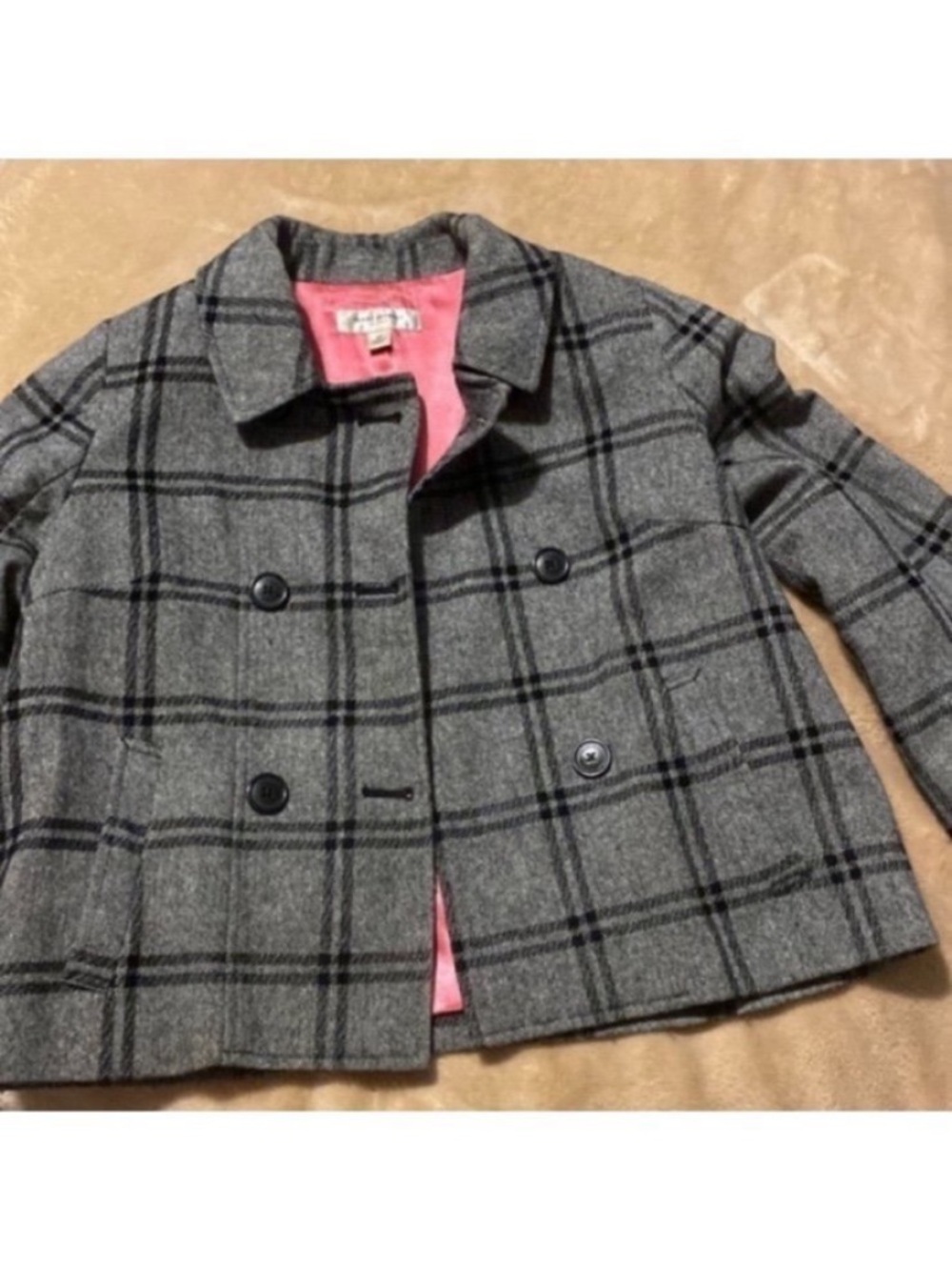 Isaac Mizrahi for Target Gray Plaid Double-Breasted Jacket with Pink Lining XS